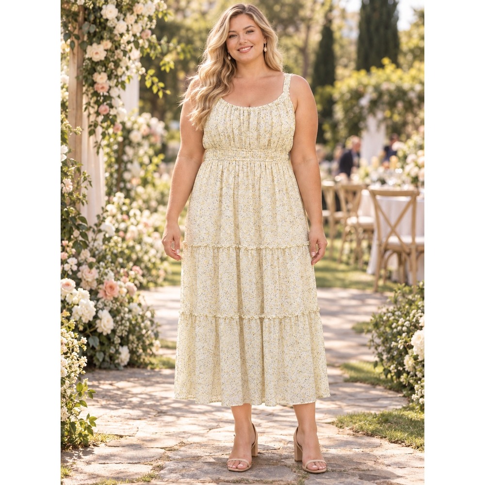 Arula Butter Yellow Boho Floral Ruffle Tiered Maxi Dress 2X Cottagecore Peasant